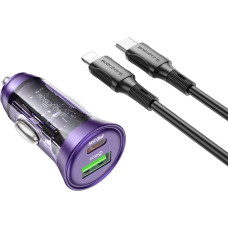 Borofone Car charger BZ26A Shadow - USB + Type C - PD 43W 3A with Type C to Lightning cable transparent-purple