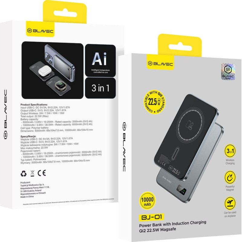 Blavec Power Bank 10000mAh BJ01 Slim 15mm - Type C - 22,5W magnetic Magsafe 3 in 1 (PBBJ01-MC10G) grey