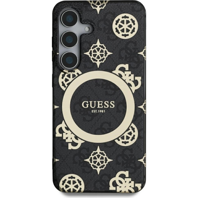 Guess 4G Background Gold Electroplated Peony Pattern MagSafe Case for Samsung Galaxy S25 Ultra Black