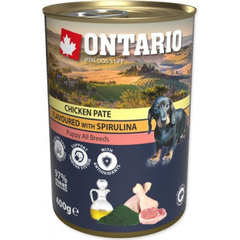 Ontario Konservi kucēniem : Ontario Dog Puppy Chicken Pate, Spirulina, Salmon oil 400g