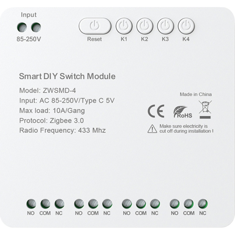 ZigBee 4-channel switch module with voltage-free DC 32V contact Avatto ZWSMMD-4-250V