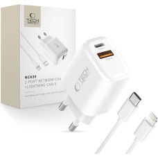 Tech-Protect NCA30 USB-A USB-C PD QC 30W sienas lādētājs ar USB-C kabeli - iPhone Lightning 1m - balts