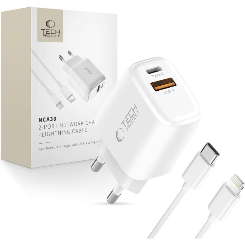 Tech-Protect NCA30 USB-A USB-C PD QC 30W sienas lādētājs ar USB-C kabeli - iPhone Lightning 1m - balts
