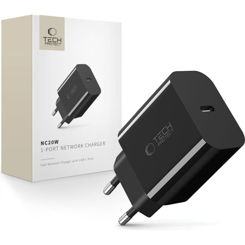 Tech-Protect USB-C NC20W PD 20W sienas lādētājs - melns