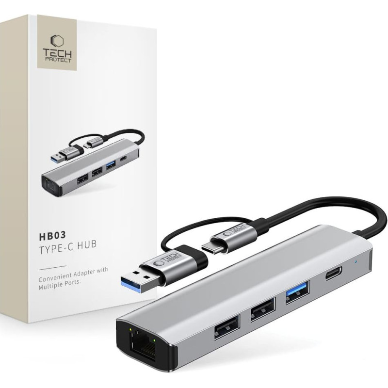 Tech-Protect 5-in-1 USB-C USB-A Ethernet RJ45 centrmezgla adapteris - pelēks