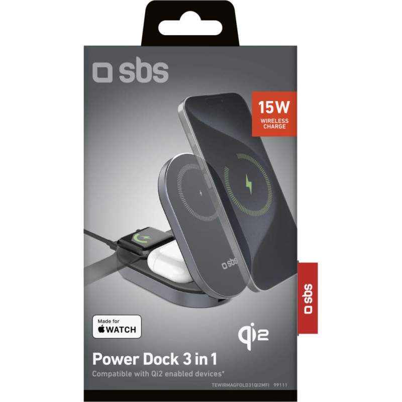 SBS 3-in-1 bezvadu salokāma uzlādes stacija iPhone Apple Watch AirPods QI2 MFI - melna