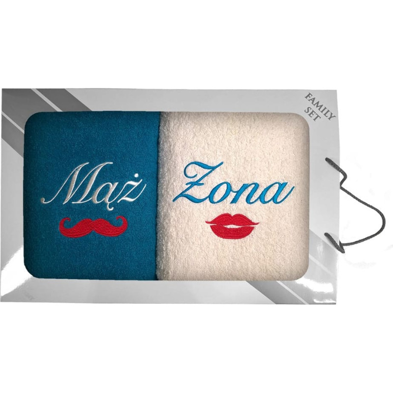 Dvieļu komplekts kastītē 2 gab 70x140 Vīrs Sieva Lūpas Ūsas tirkīza 22 krēms