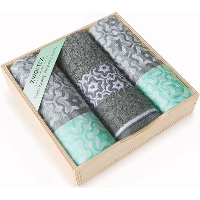 Virtuves lupatu komplekts Czapla 3gab Marsala pelēka piparmētra koka kastītē