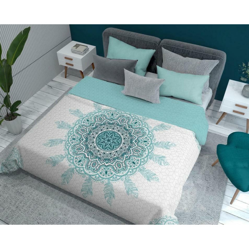 Dekoratīvais gultas pārklājs 170x210 Holland K22 Rozetes spalvas austrumu balti tirkīza ornamenti abpusēji