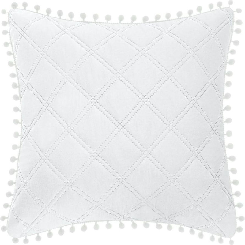 Spilvena pārvalks ar pomponiem 45x45 balts Pompoo pompoms glamour dimanti dekoratīvi gultas pārklājam