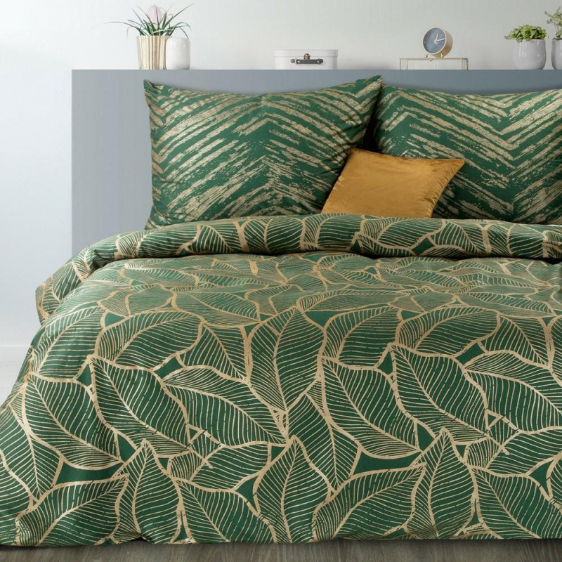 Satīna gultasveļa 220x200 Metāla 16 zaļa zelta lapu ģeometrija kastītē