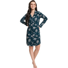 Sieviešu krekls 42 tumši zils ar ziediem XXL kokvilnas naktsveļa ar garām piedurknēm ar rāvējslēdzēju