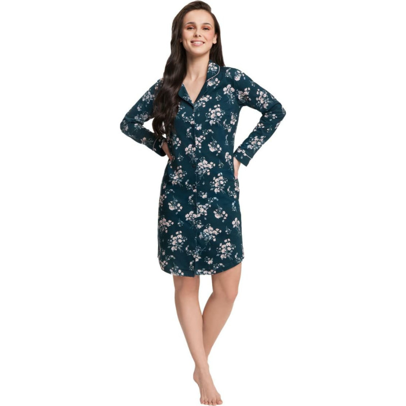 Sieviešu krekls 42 tumši zils ar ziediem XXL kokvilnas naktsveļa ar garām piedurknēm ar rāvējslēdzēju