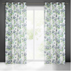 Aizkars 140x250 Mona balts zaļš pelēks daļēji caurspīdīgs, izgatavots no eko stila marles ar ziedu apdruku uz starplikām
