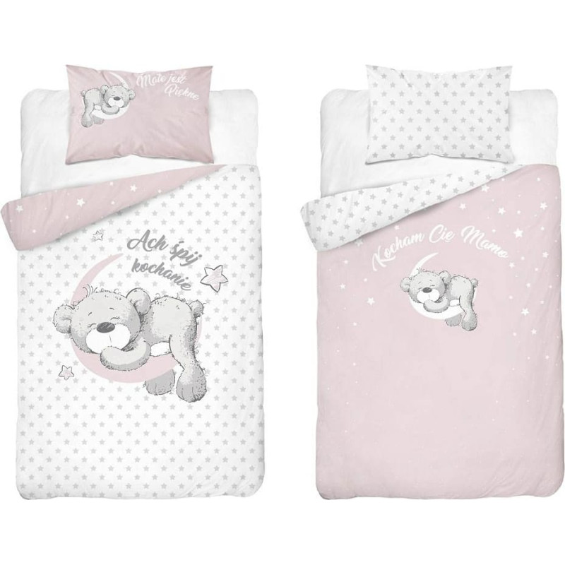 Bambusa gultas veļa 100x135 3944 B Sleeping Bear balta rozā spilvendrāna 40x60 bērniem Bamboo 103