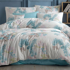 Kokvilnas gultas veļa 160x200 Elina balti tirkīza ziedu lapas Cottonlove Exclusive 5