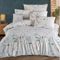 Kokvilnas gultasveļa 200x220 Laris pelēki balti zaļi ziedi Cottonlove Exclusive 5