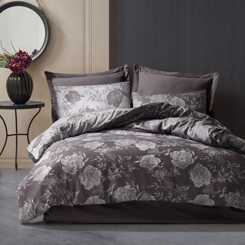 Kokvilnas gultas veļa 220x200 flora antracīta ziedi žakarda Cottonlove Jacquard