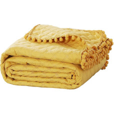 Gultas pārklājs ar pomponiem 140x200 sinepēm Pompoo dekoratīvie rombveida pomponi