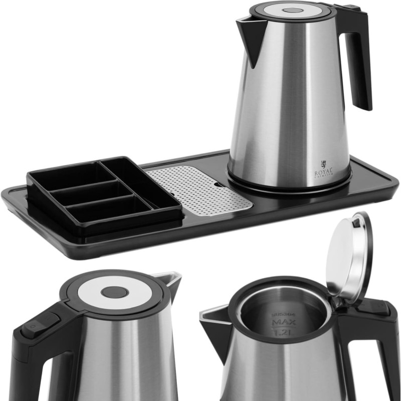Royal Catering Viesnīcas sagaidī&scaron;anas komplekts elektriskā tējkanna ar paplāti 1,2 l 1800 W sudraba