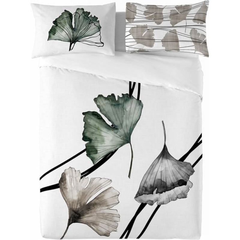 Satīna gultasveļa 160x200 lapas balta bēša zaļa Prestige 1