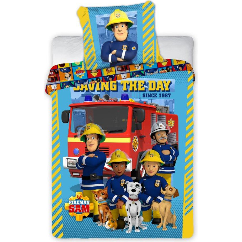 Kokvilnas gultas veļa 100x135 Fireman Sam zila spilvendrāna 40x60 bērnu gultai 23