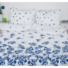 Satīna gultasveļa 200x220 Sofija 2 Lapas ziedi balti zili 18838