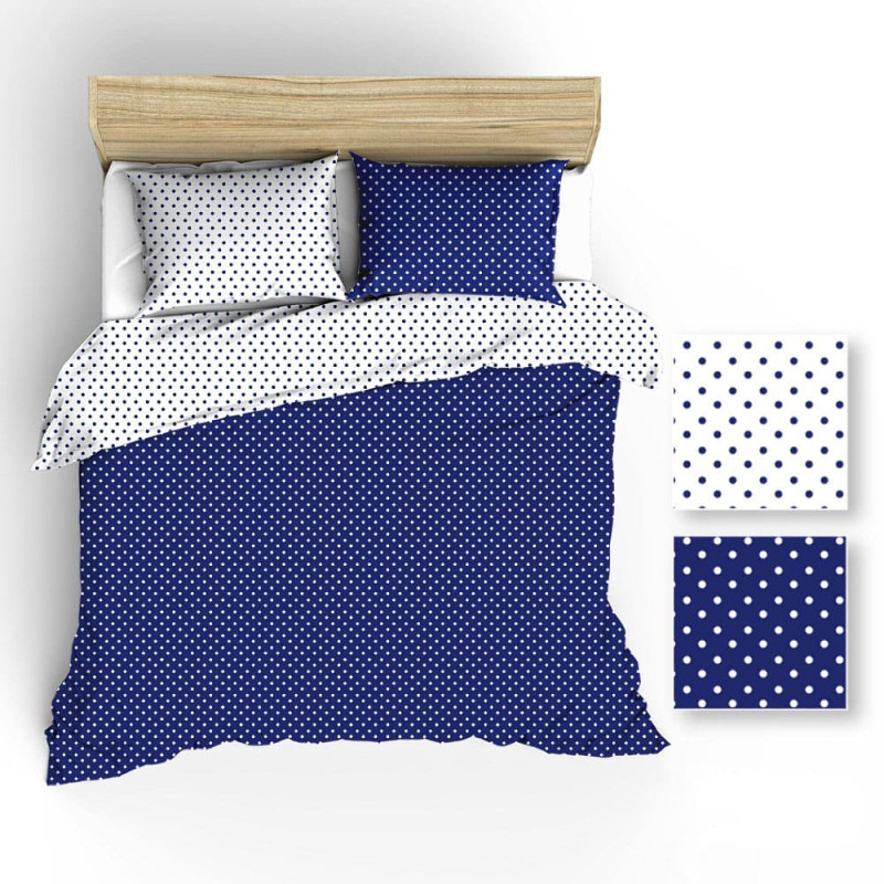 Kokvilnas gultas veļa 140x200 R015 balta tumši zila polka punktiņi 38N 39N