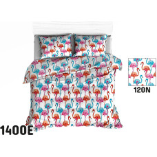 Kokvilnas gultas veļa 160x220 1400E balti flamingo krāsains svētku raksts 120N