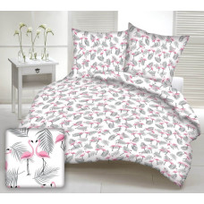 Kokvilnas spilvendrāna 70x80, balta, rozā flamingo, pelēkas palmu lapas