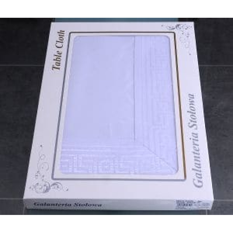 Traipu izturīgs galdauts 140x180 Rhodes, no balta satīna auduma, dekoratīva sloksne, grieķu atslēga, 10 cm