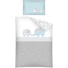 Kokvilnas gultas veļa 100x135 Ziloņi, ziloņu ziedi, pelēks tirkīzs 2853 A 6261