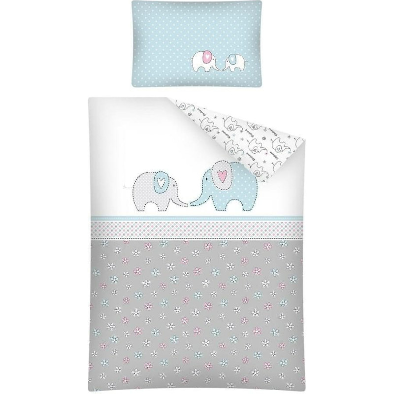 Kokvilnas gultas veļa 100x135 Ziloņi, ziloņu ziedi, pelēks tirkīzs 2853 A 6261