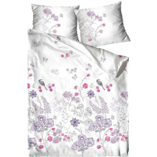Satīna gultasveļa 140x200 ziedi putni balts rozā violets Aromāts