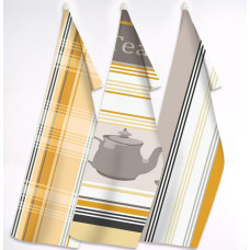 Ekskluzīvu virtuves lupatu komplekts 3 gab Tea Time tējkannas tējas režģa svītras oranžas pelēkas 230g/m2