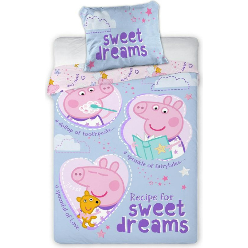 Kokvilnas gultas veļa 100x135 Peppa Pig sweet dreams zila violeta 2594 spilvendrāna 40x60