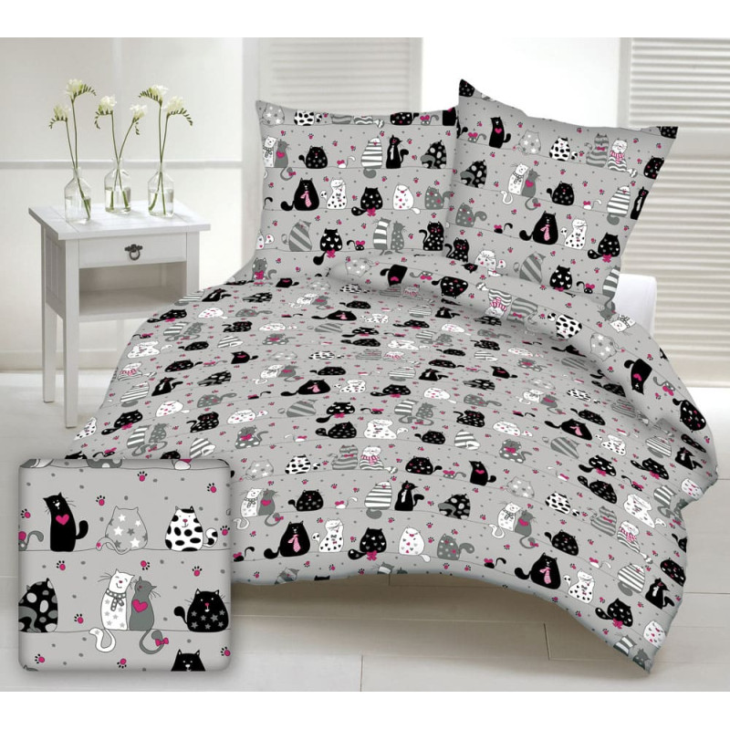 Kokvilnas gultasveļa 180x200 1529E pelēki kaķi balti melni pelēki peļu sirdis rozā kaklasaites