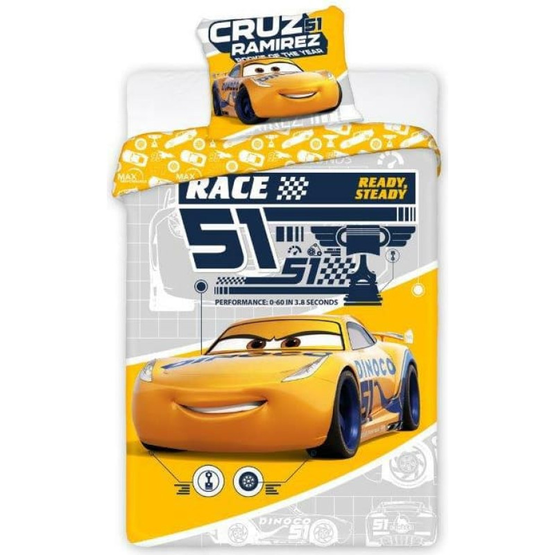 Kokvilnas gultas veļa 140x200 Auta Cars 1726 Cruz Ramirez Dinoco 51 dzeltena automašīna