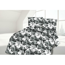 Satīna gultasveļa 140x200 ziedi lapas baltas melnas 1474/1 Satynlove