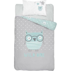 Kokvilnas gultasveļa 90x120 Pūce, pūces ar brillēm, zvaigznes, pelēkzaļa 3151 B pūce 0076