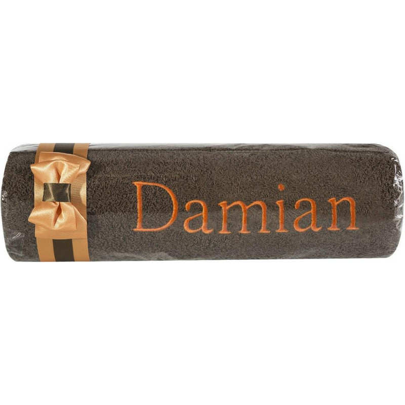 Dvielis ar izšuvumu 50x90 Damian brūni oranža bantīte vārda dienas dāvanai