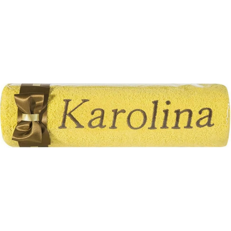 Dvielis ar izšuvumu 50x90 Karolīnas dzeltenbrūna bantīte vārda dienas dāvanai