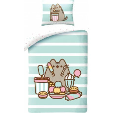 Kokvilnas gultasveļa 140x200 Pusheen Cat kaķēns Pushin Pushen saldējuma deserts zilas svītras 7548 spilvendrāna 70x90