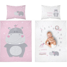 Kokvilnas gultasveļa 90x120 Nīlzirgs nīlzirgs putni zvaigznes rozā pelēka 3311 B bērnu gultai 6542 spilvendrāna 40x60