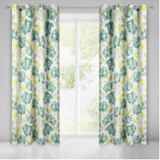 Aizkars 140x250 Annija, balta, zaļa, samta monstera lapas, gatavs ar cilpām