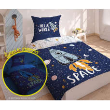 Gultas veļa spīd tumsā 140x200 kosmosa raķete 3320 A planētas zvaigznes tumši zila balta kokvilna