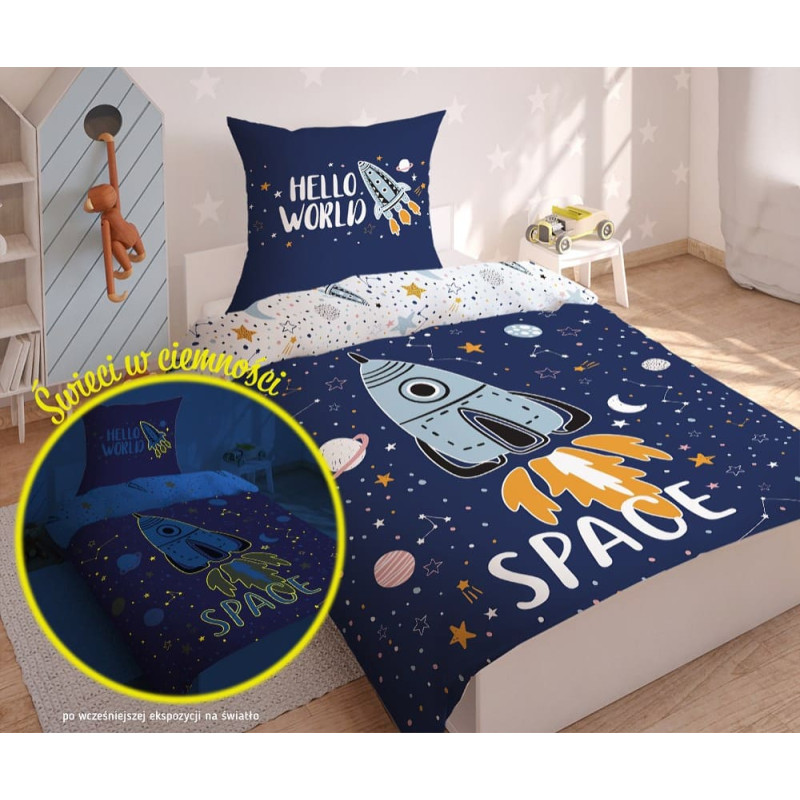 Gultas veļa spīd tumsā 140x200 kosmosa raķete 3320 A planētas zvaigznes tumši zila balta kokvilna
