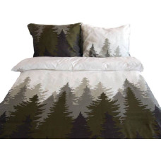 Satīna gultas veļa 200x220 18783/1 koki Egle Priede Ziemassvētku eglīte balta zaļa pelēka Sweet Home 2 iepakota ekoloģiskā Eko maisiņā