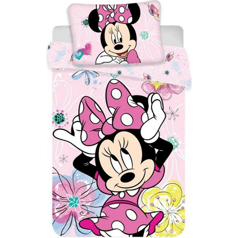 Kokvilnas gultas veļa 100x135 Mini Mouse 7783 Minnie Mouse rozā ziedi bērnu gultas spilvendrānai 40x60