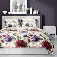 Satīna gultasveļa 220x200 3483 Pūderis purpursarkanā bordo kastītē Krāsoti ziedi Mode Satīna kokvilnas satīns